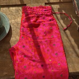 Satin Cropped Lined Summer pants Tie waist Bright pink Gold floral Green Purple